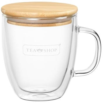 TEA SHOP - Taza de cristal con tapa para té, infusiones o café - Wood Lid Mug - De Doble Cristal con Tapa de Madera