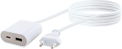 SCHWAIGER 658699 USB Ladeadapter Verlängerungskabel Type C USB 2.0 Ladegerät Ladeverlängerung Eurostecker Ladegerät Kabel 2,5 m weiß/grau