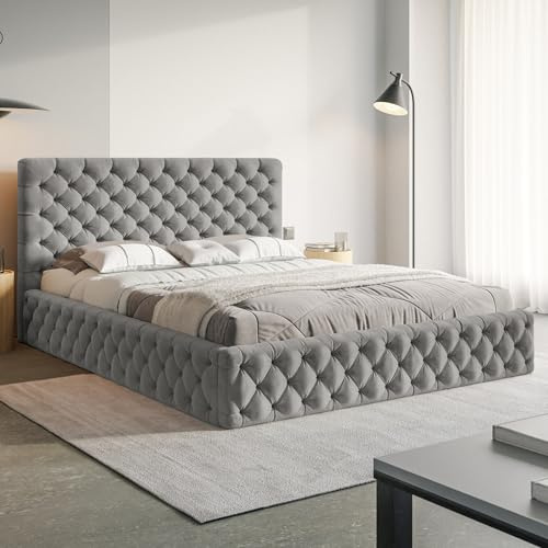 MOTIVENA Dalia Chesterfield Bett 120x200 Grau Samt, mit Stauraum, mit Kopfteil, mit Lattenrost, ohne Füße, ohne Matratze, Chesterfield Polsterbett 120x200 mit Bettkasten Grau (Hellgrau)