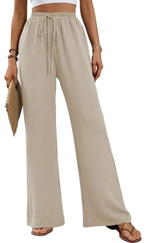 Maeau - Femmes Lin Palazzo Pantalon d'Été Casual Ample Taille Haute Large Jambe Long Pantalon de Salon Pantalon avec Poche L Beige