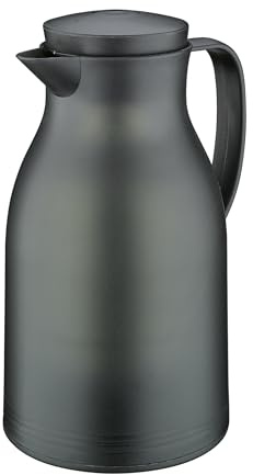 cilio Isolierkanne MONZA | Hält bis zu 12h heiß und 24h kalt | Thermoskanne mit Vakuum-Hartglaseinsatz | Kunststoff | Schraubverschluss mit Ausgießtaste | Höhe 23,5 cm | 1 L | Schwarz transparent