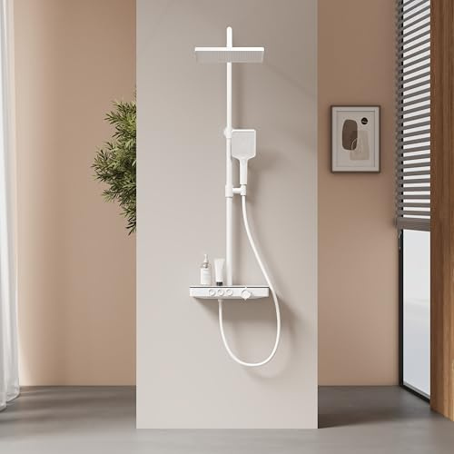 EMKE Colonne de Douche Thermostatique, 1127x460x360mm, Douche Pluie, Douche Manuelle 3 Fonctions, Hauteur Ajustable 812-1142mm, Blanc Mat, Corps en Cuivre et Panneau en Verre, Design Moderne
