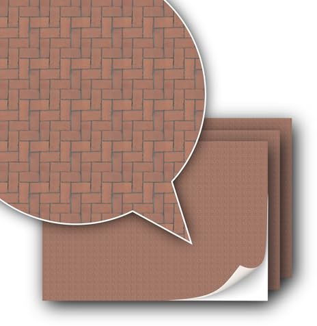 3 Sheets of Self-Adhesive Decorative Film Paving Stones and Surfaces for Model Building in Scale 1:87 Track H0 (UK: 3.5mm Scale) (Red Paving Stones Herringbone Pattern)