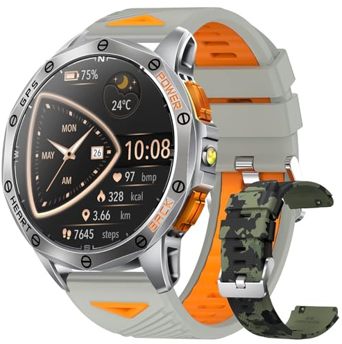 Military Smart Watches Built-in GPS, 170+ Sport Modes for Men with Flashlight, Smartwatch for Android Phones and iPhone, 1.43 AMOLED Screen Bluetooth Call Compass Altimeter (Sivler & Camo (2 Bands))