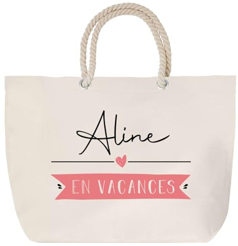Planetee Sac de Plage Aline en Vacances – Cadeau Femme Anniversaire Noël – Grand Sac de Transport, Sport – Coton et Anse Corde