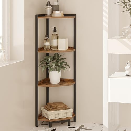 Hzuaneri Mensola Angolare, Scaffale Portaoggetti con Struttura in Metallo, Supporto per Piante, Libreria Angolare per Soggiorno, Home Office, Camera da Letto, 4 Ripiani, Marrone Vintage e Nero