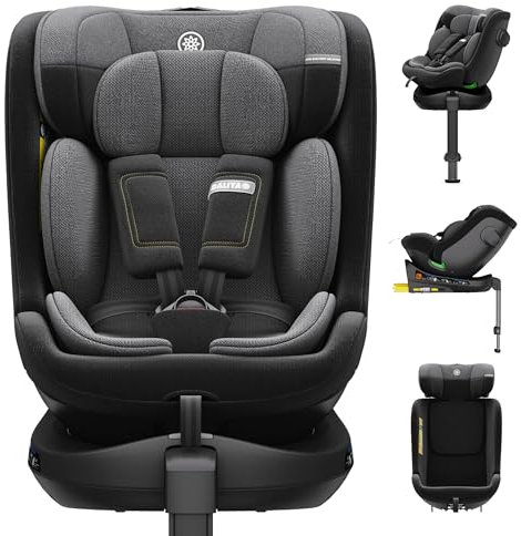 Daliya® BRAVO I-Size Kindersitz 40–150 cm, 360° drehbar, ISOFIX & Stützfuß, mitwachsender Auto-Kindersitz, 12-fach Kopfstütze, Air-Active Mesh, Neugeboreneneinlage (Schwarz)