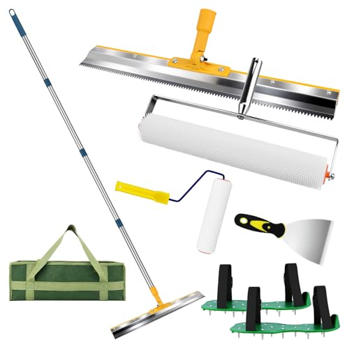 Self Leveling Roller Set, 20 Inch Spiked Roller with Telescopic Handle, Cement Tool Kit for Epoxy, Concrete Leveling, Garage, Basement Flooring - Includes Spike Shoes, Scraper, Heavy-Duty Canvas Bag