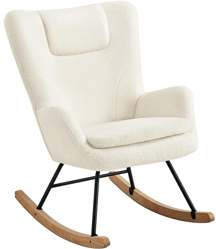 Yaheetech Silla Mecedora Relax Tapizada en Boucle Sillón Balancín con Estructura Metal y Madera de Haya Respaldo Alto Soporta 136 kg Ideal Salón Dormitorio Beige