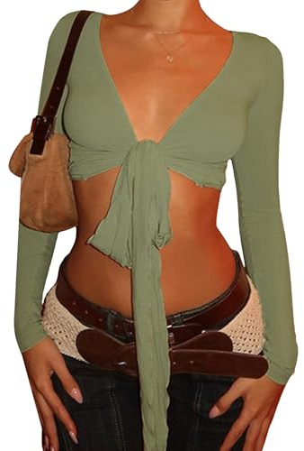 Felcia Women's Tie Front Crop Top Deep V Neck Solid Color Long Sleeve Wrap Blouse Workout Balet Top Fitness Yoga T-Shirt