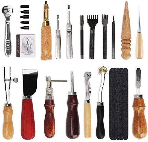18 Stück Carft Punch Tools Kit - Nähen, Schnitzen, Arbeiten, Sattel Groover, Leder Craft DIY Tool - Perfekt zum Nähen, Stanzen, Schneiden, Leder Craft Making