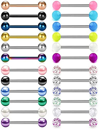 Rajnard Zungenpiercing Nippelpiercing Brustwarzenpiercing 14G 14mm Chirurgischer Stahl mit Zirkon Glitter Ball Leuchtperle Piercing Schmuck Frauen Mädchen 24pcs Mixfarben