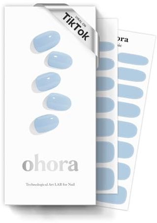 ohora Semi Cured Gel Nail Strips (N Cream Sky) - Blue, Solid, Works with Any UV/LED Lamps, Salon-Quality, Long Lasting, Easy to Apply & Remove - Includes 2 Prep Pads, Nail File & Wooden Stick