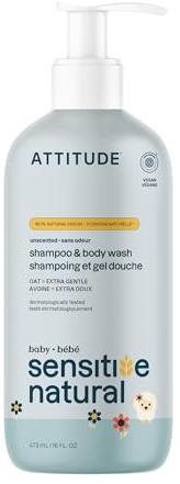 ATTITUDE 2 en 1 Shampoing et Gel Douche Extra Doux pour Bébé, Enrichi d'Avoine, EWG Verified, Testé Dermatologiquement, Végane, Sans Parfum, 473 mL