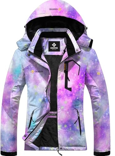 GEMYSE Damen Skijacke Wasserdicht Fleece Winterjacke Winddicht Schneejacke mit Kapuze für Outdoor Aktivitäten und Sport(Violett-Rosa,2XL)