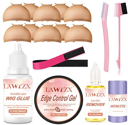 Lace Wig Glue 2.1OZ/60ml, LAWEZX Wig Accessory Essentials Kit with Strong Hold Invisible Wig Glue, Lace Glue Remover, Wig Cap, Hair Wax Stick, Edge Control & Brush, Wig Band for Personal Use at Home