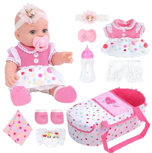 DONTNO 12 Inch Baby Doll with Bassinet Bed,Reborn Alive Doll Includes Clothes and Accessories,Bottles,Nipple,Diaper,Burp Cloth,First Baby Dolls for Toddlers 36 Months and Up