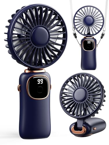 coldSky Portable Handheld Fan, 4000mAh Battery Operated Fan with LED Display, Handheld/Neck/Desk 3 in 1 Personal Small Fans, 90° Foldable Desk Fan with Base, 5 Speed Makeup Lash Fan for Women Blue