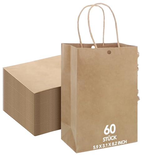 woric 60 Stück Papiertüten Braun mit Henkel, 15 x 8 x 21 cm Papiertragetaschen Klein Kraftpapiertüten Geschenktüten Klein mit Henkel für Geburtstag Hochzeit Taufe Babyparty DIY