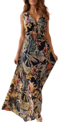 Joligiao Vestiti Donna Estivi Lunghi Eleganti Abiti Donna Scollo a V Senza Maniche Casual Vestito Boho Fiore Stampato Estivo Lungo Etnico Vestito Donna Curvy da Cerimonia Spiaggia(Nero,L)