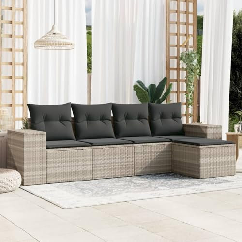 Homgoday Juego de 5 sofás de jardín con cojín, muebles de balcón, sofá de jardín, sofá de esquina, muebles de jardín, sofá de balcón, balcón, salón, jardín, gris claro, poliratán