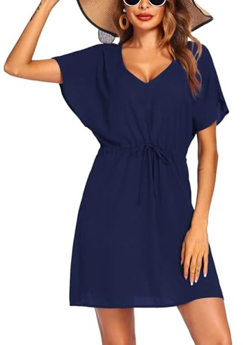 Vossmi Robe de Plage Femme Cache Maillot de Bain V-Cou Cover Up Bikini Maillot Manche Courte col en V Mousseline Casual Robes ete Plage avec Ceinture Décontracté Bikini,Bleu Marine