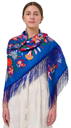 YHDDYG Women's Mexican Rebozo Shawl Scarf Wrap - Traditional Lightweight Ethnic Tassel Fringe Scarf for Cinco de Mayo & Festive Party & Daily Wear N1 (Royal Blue)