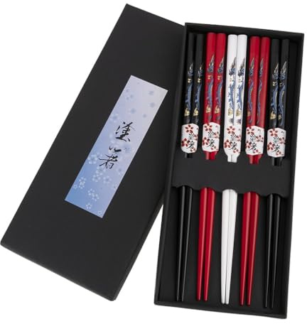 lachineuse Cofanetto bacchette asiatiche – 5 paia colorate draghi asiatici – Tradizioni asiatiche – Chopsticks – Sushi, Ramen, tagliatelle e riso, regalo cucina asiatica cinese