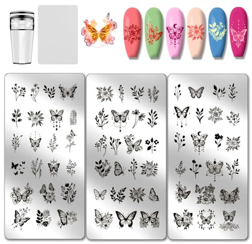 PH PandaHall 3pcs Plaques D'Estampage pour Ongles Papillon 67 Motifs Pochoirs Imprimé Ongles Fleur Feuille Modèles D'Art Ongles Floral Plante pour Femmes Impression Manucure Salon Design DIY