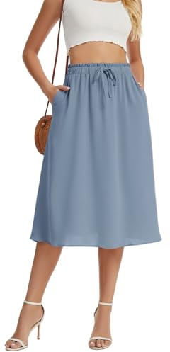WUWUSKY Gonna Estiva Donna Midi per Sexy a Vita Alta Linea ad A da Lavoro Casual Skater Gonne con Tasche, Blu/Grigio, XXL