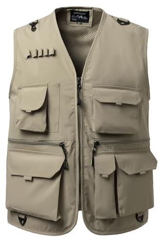 KTWOLEN Chaleco Utilitario para Hombre con Malla Interior Múltiples Bolsillos Chaquetas Sin Mangas Ligero y Transpirable para Pesca Safari y Aire Libre, Beige, M