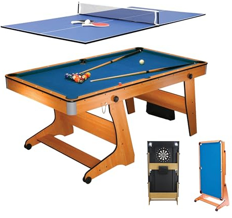 BCE 6ft 3-in-1 Folding Pool Table with Table Tennis Top & Soft Tip Dart Board with Desk Top - Easy to Move - All Accessories Included