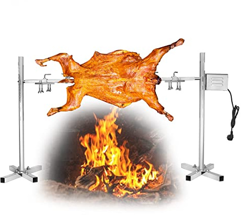 Asador giratorio eléctrico para barbacoa, motor 15W, rotación 360°, altura ajustable 38-62 cm, brocheta de acero inoxidable para cochinillo, cordero y pavo, portátil para exteriores y camping