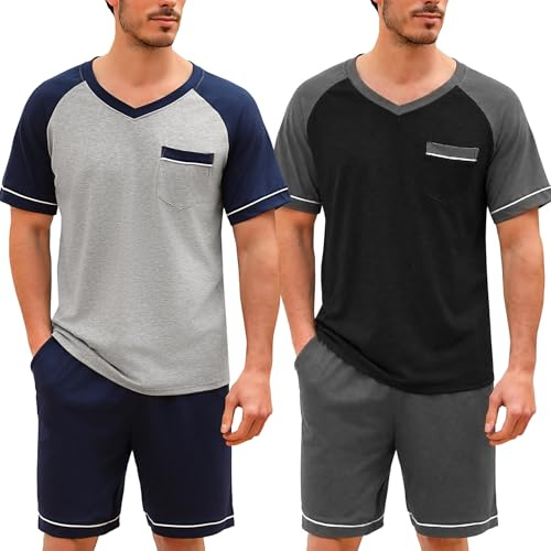 Irdcomps Pyjama Homme Coton Ete Ensembles de Pyjama Été Court Doux Short à Manches Courtes col V Vêtements de Nuit Vêtements de Détente Couleurs Contrastées Ensemble Pyjama Estival Confortable