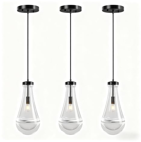 Regndroppshänglampa, svart glasbelysning, handblåsta droppar, moderna hängande för entré, trappkök (3-pack svart)