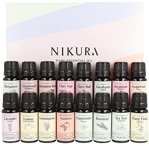 Nikura Selection of Essential Oils Gift Set - 16 x 10ml | Essential Oils for Diffuser for Home, Aromatherapy, Sleep, Cleaning, Rosemary Oil for Hair Growth | Cinnamon, Lavender, Lemon, Ylang Ylang