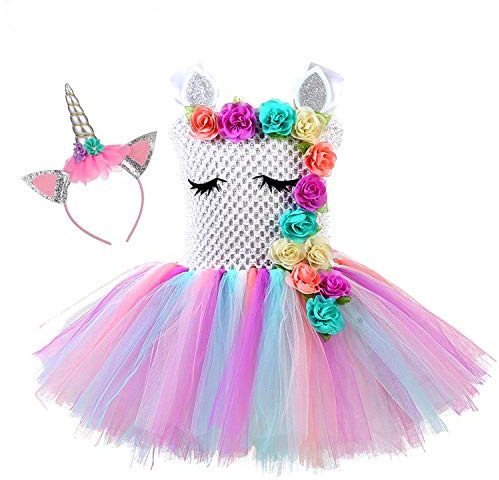 Sincere Party vestito tutu arcobaleno unicorno per festa di compleanno ragazze, Halloween, carnevale, Natale, costume cosplay unicorno 4-5 anni(110cm-120cm)