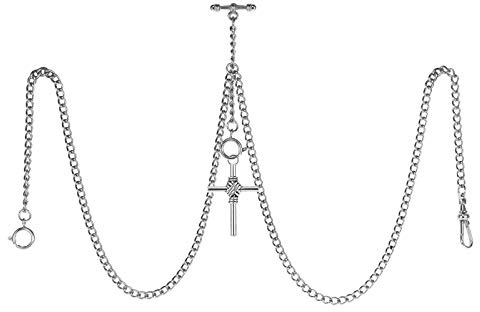 TREEWETO Men's Double Albert Chain Pocket Watch Curb Link Key Chain 3 Hooks with Antique Cross Silver Pendant Design Charm Fob T Bar