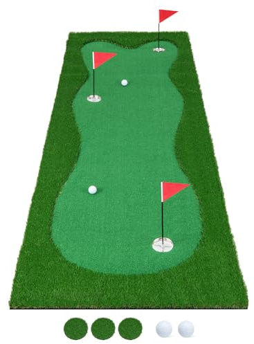 COSTWAY Tapis de Frappe de Golf 300 x 100 cm, Tapis d'Entraînement de Golf avec Pelouse Artificielle 3 Trous 3 Drapeaux Gobelets, Green de Putting de Golf pour Intérieur & Extérieur