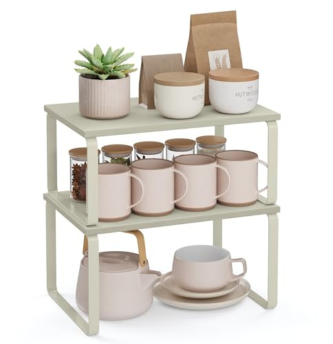 SONGMICS Estante para Especias, Juego de 2, Organizador de Armario, Estante de Almacenamiento de Cocina Extensible, Especiero de Metal y Madera de Ingeniería, Beige Capuchino KCS002K01