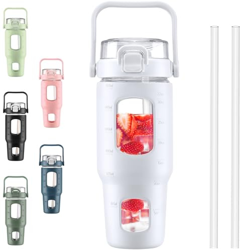 BLUEGO 960ml Gourd en verre Avec paille Marqueur de temps Bouteille d'eau Motivation avec manchon en silicone 1 litre Grande carafe d'eau en Verre pour Gym, sports et entraînement, Blanc