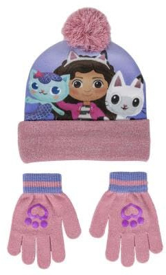 Gabby's Dollhouse Set di 2 cappelli invernali e guanti da bambina, con pompon e guanti lavorati a maglia, rosa, 2-6 anni