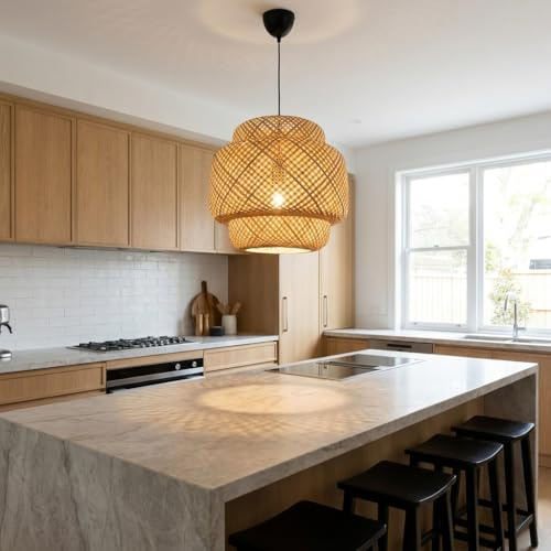 Alpinaluz Lámpara Colgante de Mimbre Natural Ø45 cm con Pantalla de Tres Capas, Soporte de Madera y Bambú, Cable Ajustable 90 cm, Estilo Moderno Nórdico, E27 Compatible con Bombillas LED para Interior