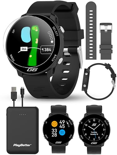 Shot Scope G6 Golf GPS Watch Bundle - Full Hole Maps, F/M/B Distances, Large Display - Includes Extra Carbon Gray Straps, PlayBetter Portable Charger & HD Screen Protectors