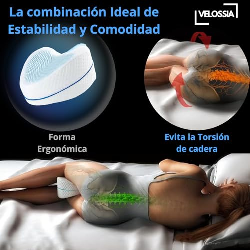 VELOSSIA Almohada para piernas viscoelástica, cojín ergonómico para Dormir de Lado, Alivia la presión en Rodillas, Cadera y Tobillos, Mejora la Postura y circulación.