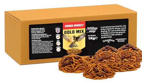 Grumpy Gardener Dried Insects & Mealworms for Wild Birds – 1kg Gold Mix Robin Food, Small Birds Food with Calciworms, Pupae, River Shrimp – High-Calcium Meal Worms, Ideal Alternative of Fat Balls