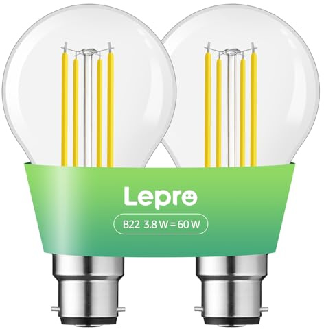 Lepro B22 Bayonet Light Bulb, A-Rated Ultra-efficient LED Bulb, 3.8W = 60W, 806lm, 2700K Warm White, 50000H Lifespan, Clear Filament, Vintage Glass, Non-dimmable, Pack of 2