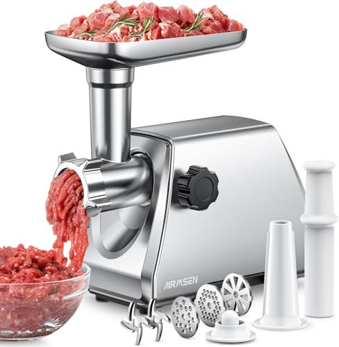 AIRMSEN Heavy Duty Electric Meat Grinder – Professional Stainless Steel Sausage Maker & Stuffer with 3 Plates, 2 Stainless Blades & Kubbe Kit – Fast, Quiet, Easy to Clean for Home & Commercial Use
