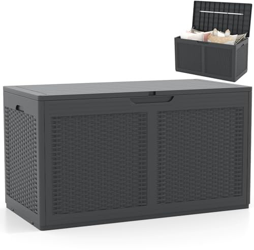 COSTWAY 380L Garden Storage Box, Waterproof Resin Deck Box Bench with Lockable Lid, Wheels & Side Handles, Rattan Texture Outdoor Patio Storage Container for Cushion Tool Toy (Grey)