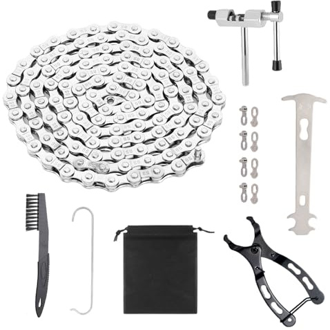 kasure Chaine Velo, Chaîne de Vélo 6/7/8 Vitesses,1/2 x 3/32 Pouces 116 Maillons,avec Pince à Chaîne et Casse-chaîne, Brosse Nettoyage,Kit Reparation Chaine Velo